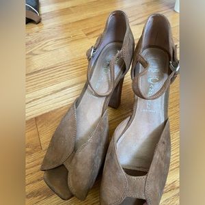 Jeffrey Campbell peep toe heels suede nude